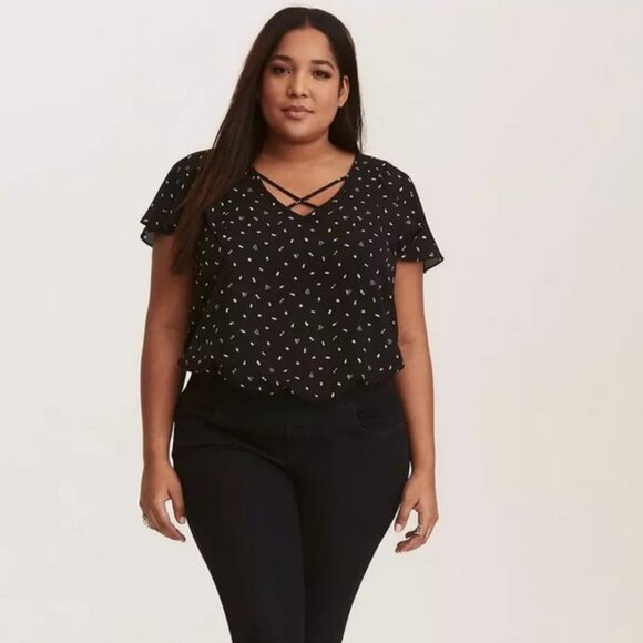 Torrid Black Confetti Crisscross Georgette Flutter Sleeve Blouse, 3X - Picture 1 of 15